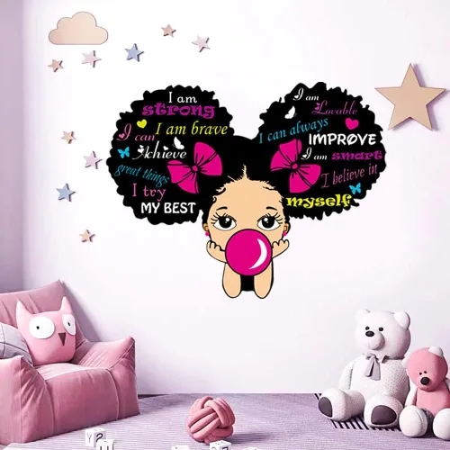 Vista 2 de Calcomanías de pared de niña negra para dormitorio de niñas, calcomanías inspiradoras de pared con citas afroamericanas, calcomanía rosa