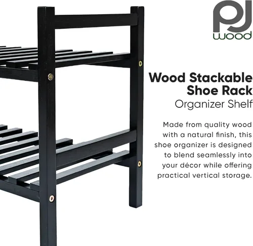 Vista 4 de PJ Wood Organizador apilable de madera para almacenamiento de armarios, estantes de entrada, armario escalonado para zapatos, capacidad de 6 pares