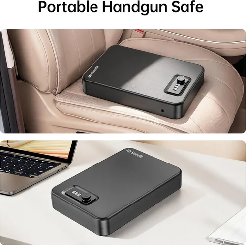 Vista 5 de Caja fuerte portátil para pistola pequeña con cerradura de combinación, segura para pistola para automóvil, hogar, viajes, 9.4 x 6.6 x 1.8 pulgadas