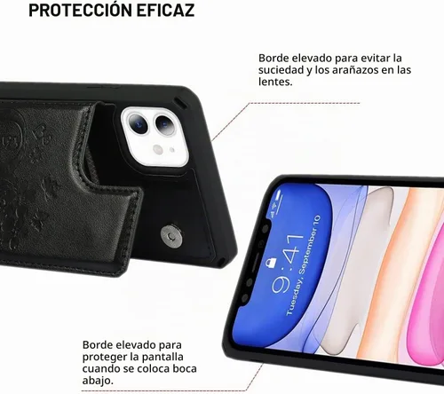 Vista 4 de iCoverCase Funda compatible con iPhone 11 con tarjetero para mujer, bloqueo RFID en relieve, piel sintética con correa de muñeca de 6.1 pulgadas
