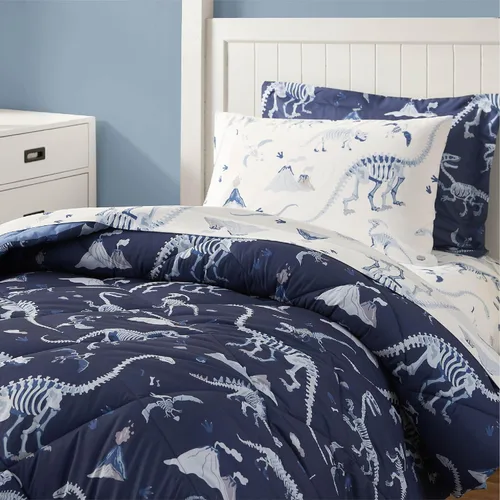 Vista 5 de PPOLCA Juego de edredón de dinosaurio azul tamaño individual para niños, ropa de cama de 5 piezas con sábanas y funda de almohada, súper suave
