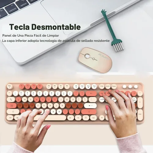 Vista 4 de FD Combo de teclado y mouse inalámbricos, bonito teclado y mouse coloridos con teclado retro inalámbrico de 2.4 GHz, apagado automático, receptor