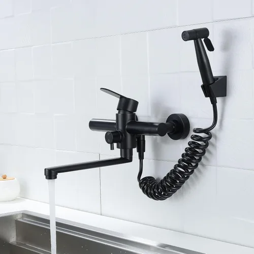 Vista 2 de Grifo de fregadero de cocina para montaje en pared, grifo comercial negro mate con rociador lateral, grifo mezclador de acero inoxidable, grifo