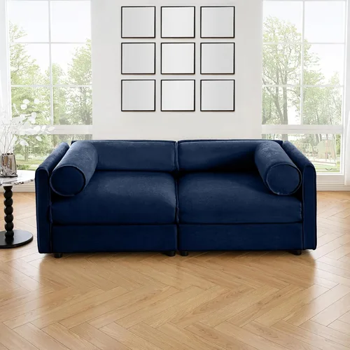 Vista 3 de Sofá biplaza azul de 75.5 pulgadas, sofás seccionales grandes de 2 plazas para sala de estar, sofá modular de tela de felpilla, juego de sofás