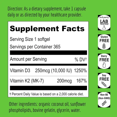 Vista 2 de UpNourish Vitamina liposomal D3 K2 10000 UI D3 y K2 MK-7 200 mcg - 365 Vitamina D3 k2 (Vitamina D3 con K2) Mini cápsulas blandas - Suplemento