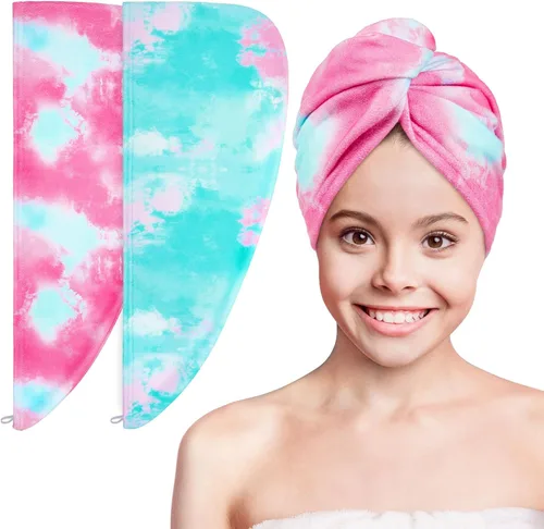 Vista 13 de Basumee Toalla Envolvente de Microfibra para el Cabello para Niños Paquete de 2 Toallas de Cabello de Secado Rápido con Botón Turbantes para Cabello