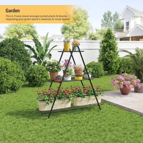 Vista 7 de Soporte de 3 niveles para plantas, estante de metal para plantas, resistente para interiores y exteriores, estante para múltiples macetas