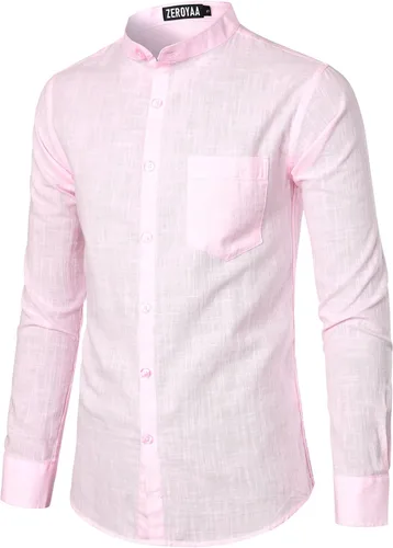 Vista 3 de ZEROYAA Camisas de algodón y lino de manga larga con botones y bolsillo para hombre
