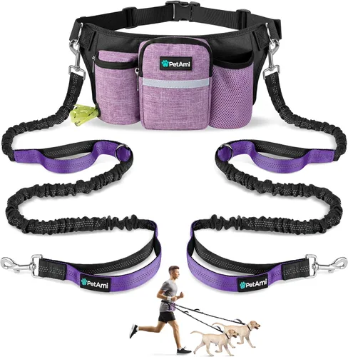 Vista 11 de PetAmi Correa de perro manos libres premium para 2 perros, correa de cinturón ajustable para caminar con perro, bolsa de accesorios de mochila