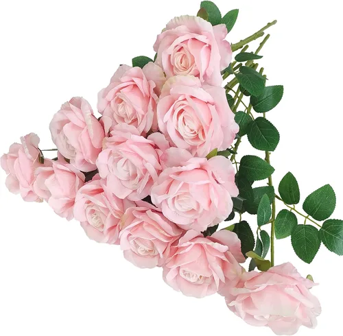 Vista 22 de ATFL Rosas Rubor, 12 Piezas de Rosas Rosa Pálido, Rosas Artificiales de Color Rosa Claro, Diámetro de la Flor 10 cm, Rosas Artificiales con Tallos