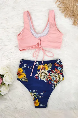Vista 4 de SouqFone Two Piece High Waisted Bikinis Swimsuits Tummy Coverage Bathing Suits