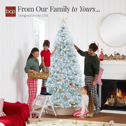 Vista 23 de Best Choice Products Árbol de Navidad azul bebé preiluminado de 6 pies, decoración navideña artificial completa con 947 puntas de rama, 250 luces
