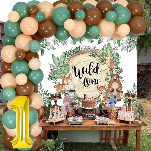 Vista 2 de Woodland - Kit de arco de guirnalda de globos con telón de fondo para animales del bosque, criaturas del bosque, suministros de primera fiesta