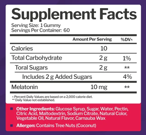 Vista 5 de Gomitas de melatonina de 10 mg con 10 mg de melatonina por gomita (60 porciones) – Soporte para dormir de máxima fuerza para adultos – Sin gluten
