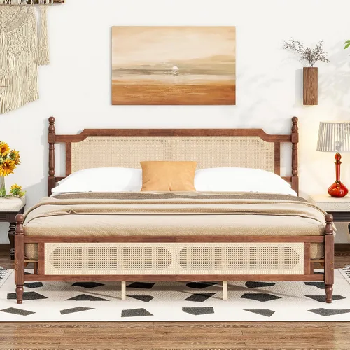 Vista 19 de JIVOIT Cama de plataforma de tamaño King con cabecera de 46.5 pulgadas de alto, marco de plataforma de madera de bambú maciza con listones de madera