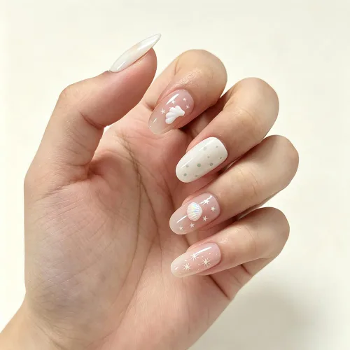 Vista 76 de Uñas postizas a presión medianas con diseño geométrico blanco almendra – 24 uñas postizas reutilizables de ABS brillante, fácil de aplicar, juego