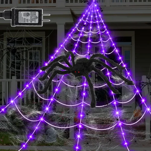 Vista 9 de Decoración de Halloween de telaraña para exteriores, 125 luces LED moradas de 16.4 pies, araña grande de 60 pulgadas, 22 arañas pequeñas y telaraña