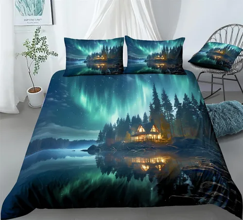 Vista 17 de REALIN Hawthorn Bedding - Juego de funda de edredón 3D, juego de cama de bosque japonés y río de montaña de 2/3/4 piezas, fundas de edredón