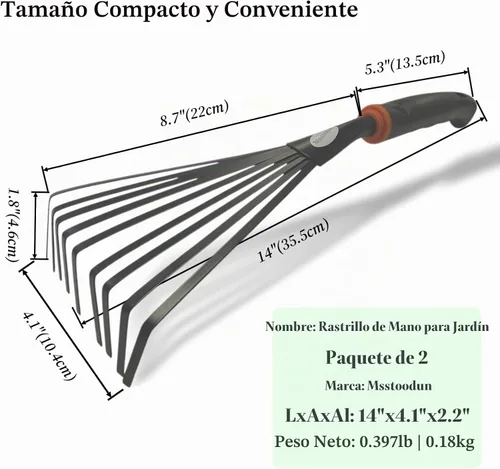 Vista 2 de Paquete de 2 rastrillos de mano pequeños para jardinería, mini rastrillo de hojas y arbustos con púas de acero duraderas, mango ergonómico