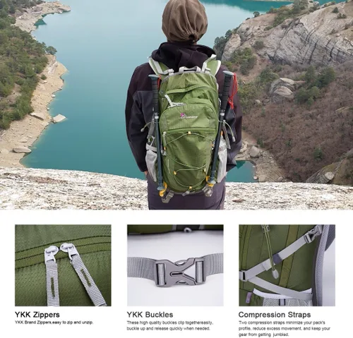 Vista 3 de Mochila de senderismo MOUNTAINTOP de 40 L, mochila ligera para exteriores Verde militar