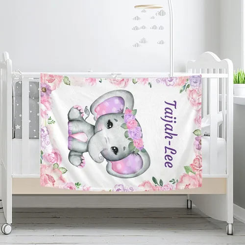 Vista 3 de Manta de bebé personalizada con nombre para bebés, niños y niñas, diseño de elefante, manta suave, regalos de despedida de recién nacidos