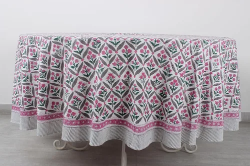 Vista 182 de Ridhi Mantel redondo estampado a mano color rosa flamenco 110 pulgadas 100%