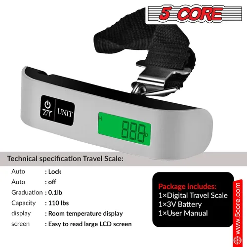 Vista 6 de 5 Core LSS-004 - Báscula digital para equipaje, pantalla LCD con retroiluminación y escala de equipaje con capacidad de 110 libras, báscula colgante