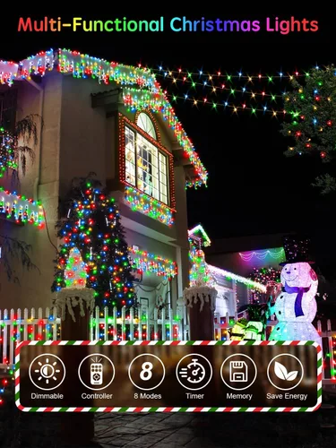 Vista 6 de Acan - 300 luces LED para Navidad al aire libre, 115 pies, luces multicolores para árbol de Navidad con control remoto, 8 modos de iluminación