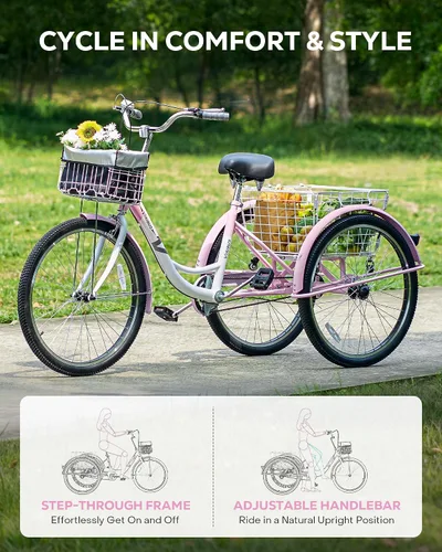 Vista 5 de VIRIBUS Triciclos para adultos para mujeres, triciclo de una sola velocidad para adultos con cestas con ruedas desmontables delanteras y traseras