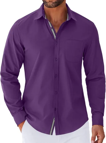 Vista 20 de COOFANDY Camisa para hombre de manga larga casual con botones, camisas sin doblar para hombre de ajuste regular