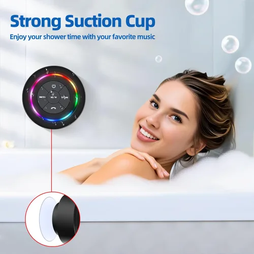 Vista 2 de Altavoz de ducha Bluetooth impermeable IP67, mini altavoz inalámbrico pequeño Bluetooth, altavoz portátil con ventosa, LED y micrófono para baño