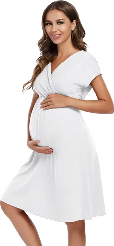 Vista 3 de Coolmee Vestido de maternidad para mujer, con cuello en V, acampanado, longitud hasta la rodilla, vestido cruzado para baby shower o uso casual
