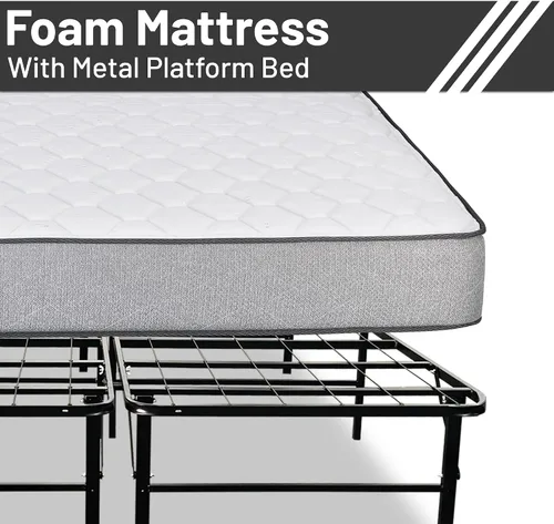 Vista 3 de Base de cama Quickbase de metal de 14 pulgadas con colchón de espuma de alta densidad de 5 pulgadas, tamaño individual, gris