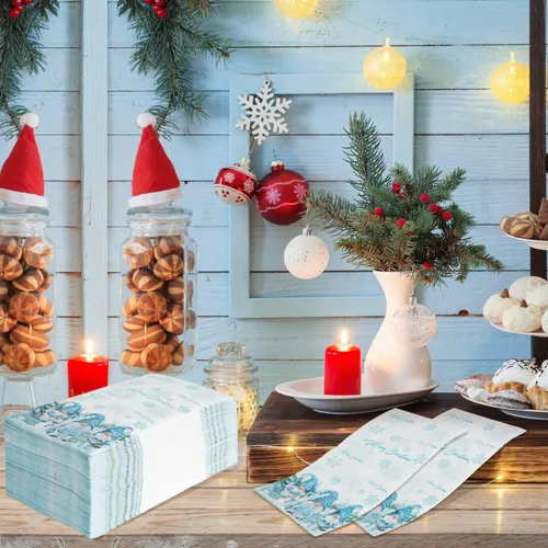 Vista 5 de 100 servilletas de papel de gnomo de Navidad, desechables, diseño de gnomo de Navidad, copos de nieve, servilletas de papel decorativo de Navidad