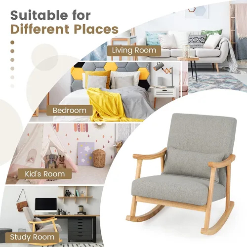 Vista 9 de Giantex Mecedora tapizada – Moderna mecedora con marco de madera de goma, cómodo respaldo y asiento, almohada acolchada de polipropileno, mecedora