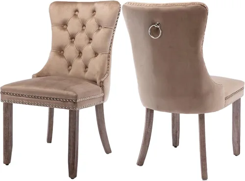 Vista 21 de Juego de 2 sillas de comedor de terciopelo, silla de comedor tapizada de alta gama con tirador de anillo en la espalda, adorno de clavos y patas