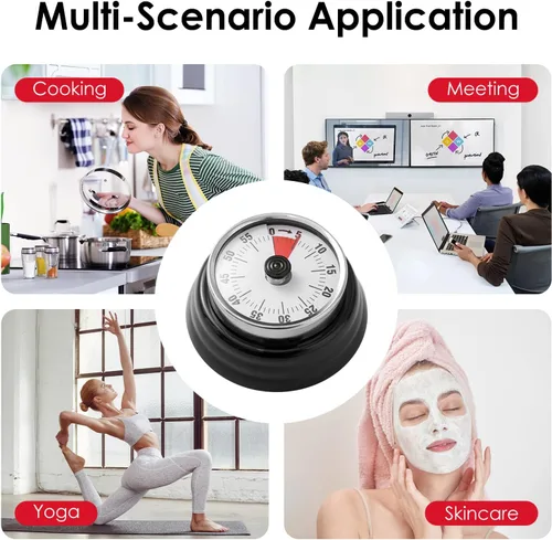 Vista 7 de Temporizador visual, temporizador de cuenta regresiva de 60 minutos, temporizador de cocina con base magnética, reloj mecánico, alerta de timbre