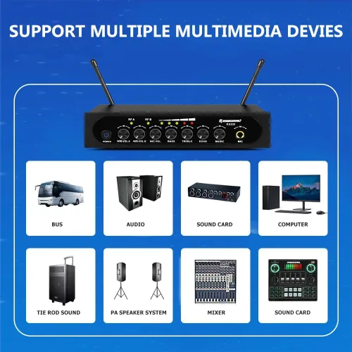 Vista 9 de Sistema de micrófono inalámbrico Micrófono dinámico inalámbrico UHF Micrófono de mano inalámbrico de doble canal con Echo Bluetooth Control