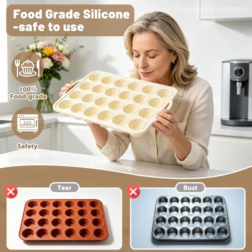 Vista 7 de Beige Mini Silicone Muffin Molds: 2 Pack 24 Small Cupcake Mold for Baking