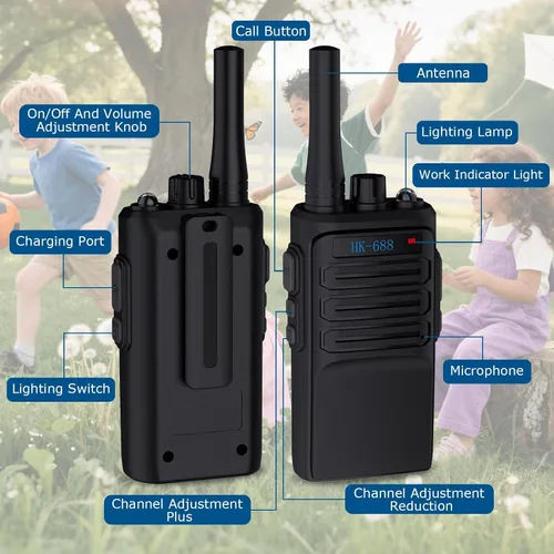Vista 8 de Walkie Talkies para niños, paquete de 2 unidades, 2 millas de alcance recargable para niños, 16 canales, radio de 2 vías con linterna, juguetes Negro
