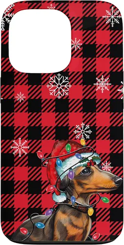 Vista 10 de iPhone 16 Dachshund Christmas Phone Case Red Plaid Pattern Christmas Lights Case
