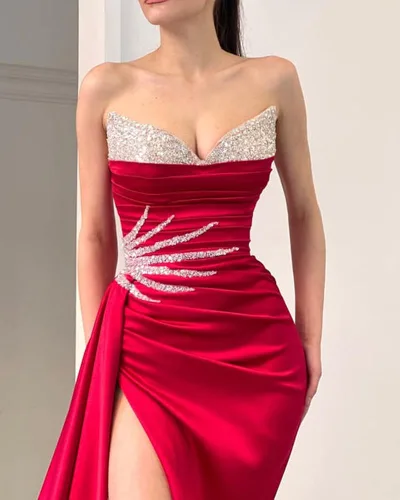 Vista 2 de Vestidos de fiesta sin tirantes con lentejuelas, con abertura de sirena, vestidos de noche formales con cuello en V, vestidos de fiesta para mujer