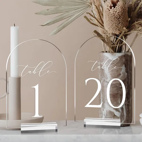Vista 16 de Números de mesa de arco transparente para boda, mesa de acrílico arqueada de 5 x 7 pulgadas, números 1-10 con soportes, letrero de arco de acrílico