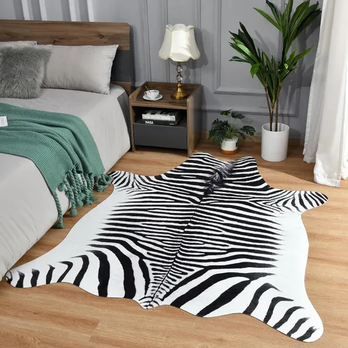 Vista 35 de Easycozy Alfombra de piel de vaca sintética con gran estampado de vaca, 3 x 4 pies, alfombra gruesa y elástica para dormitorio, sala de estar