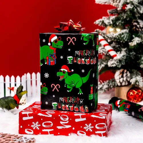 Vista 3 de Homeral Rollo de papel de regalo de Navidad de dinosaurio para niños, dinosaurio negro fresco con decoraciones y letras rojas, envoltura de regalo