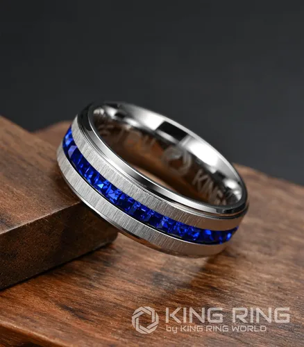 Vista 3 de King Ring 8mm Stone Line Rings Ver.2 Extra Polished Mens & Womens Bands with Glass Stones Designed in USA