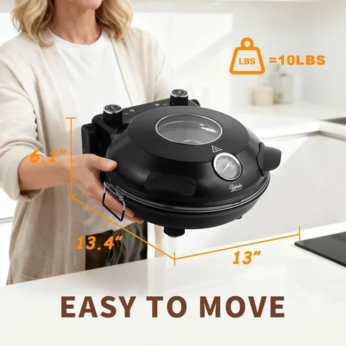 Vista 5 de Horno eléctrico para pizza de 12 pulgadas, máquina de pizza de encimera con piedra de cerámica, calienta hasta 800 °F, horno de pizza portátil