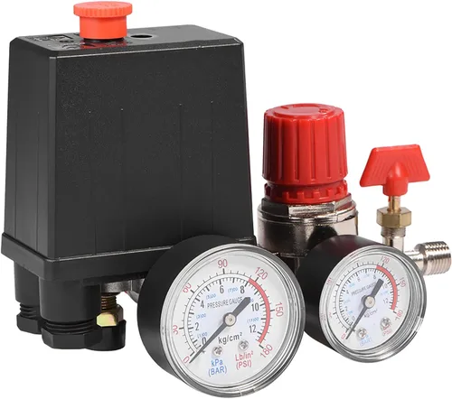 Vista 9 de Interruptor de presión del compresor de aire, válvula de control de presión de alto rendimiento de 95-125 PSI con medidores para reducción rápida