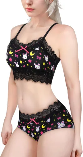 Vista 2 de Littleforbig Conjunto de ropa de dormir de encaje para mujer, ropa de dormir con tirantes y pantalones cortos, lencería bralette conjunto de ropa