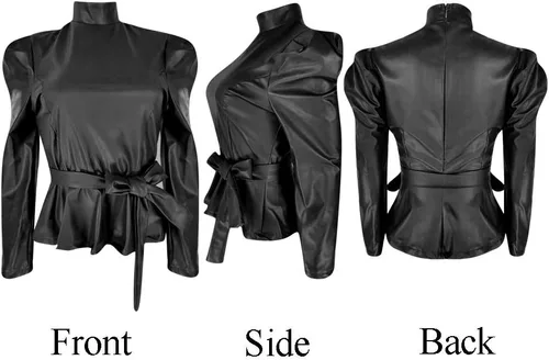 Vista 4 de Blusa de piel sintética de manga larga con cuello alto falso mate para mujer con cinturón